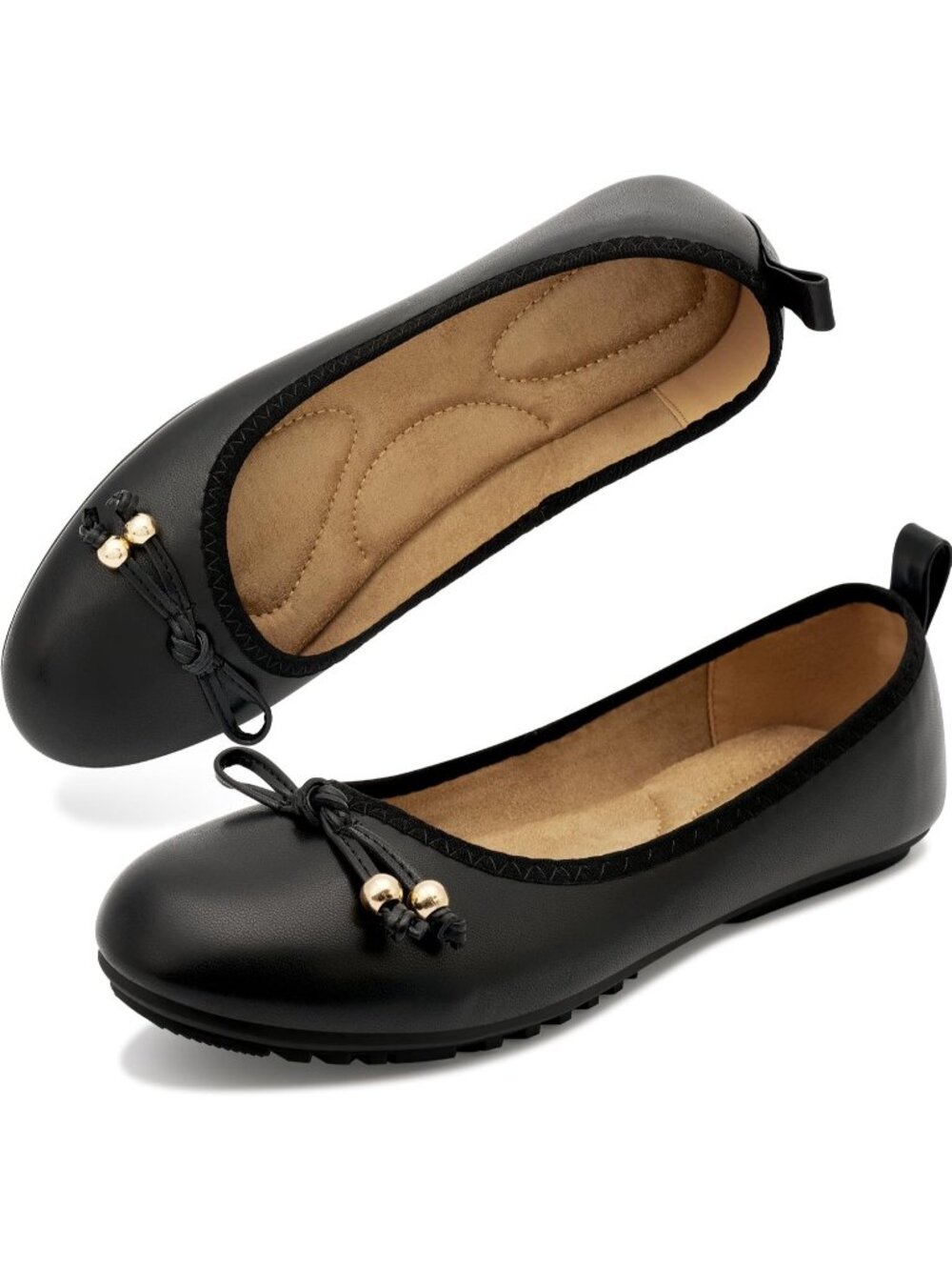 Women's Black PU Leather Round Toe Ballet Flats Slip-On Cushioned Comfort Shoes